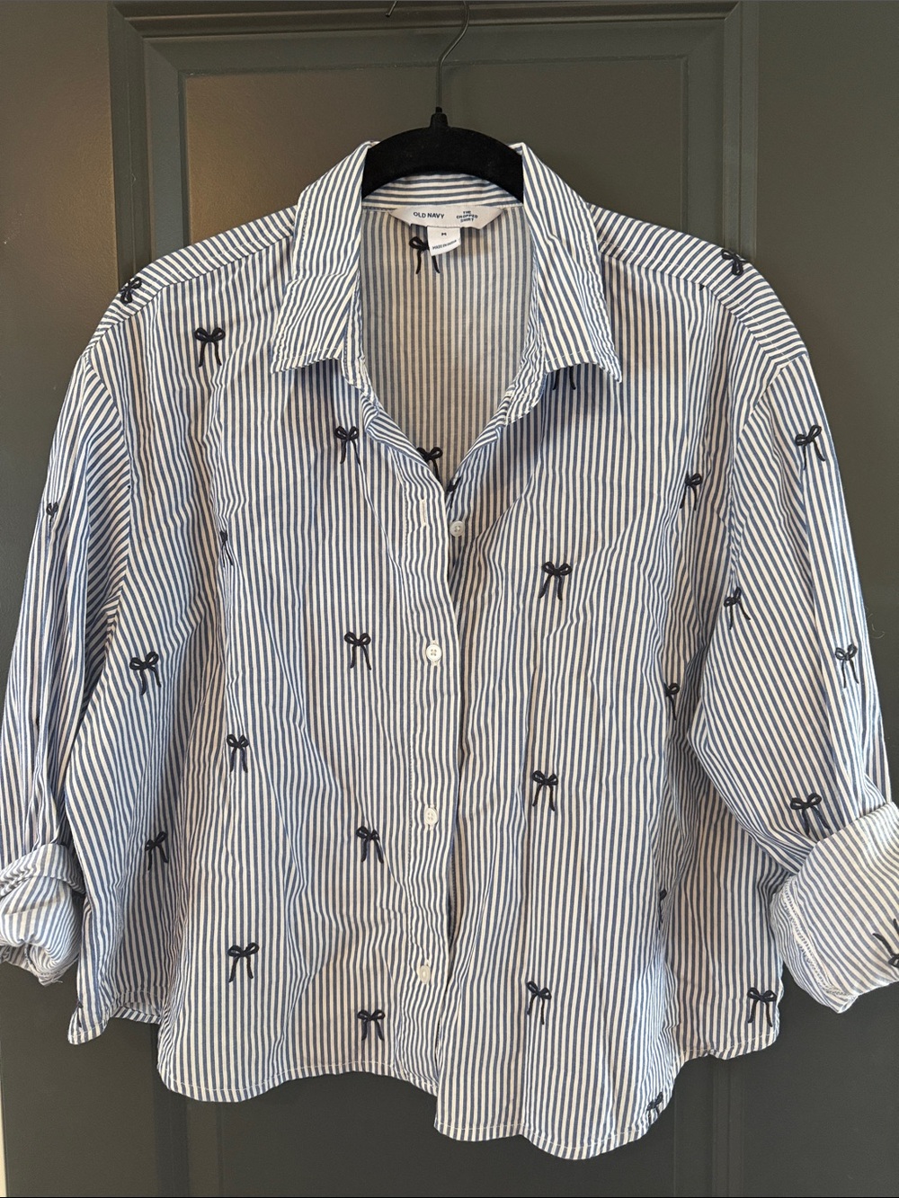 Old Navy Blue and White Striped Button-Down with Navy Bow Embroidery